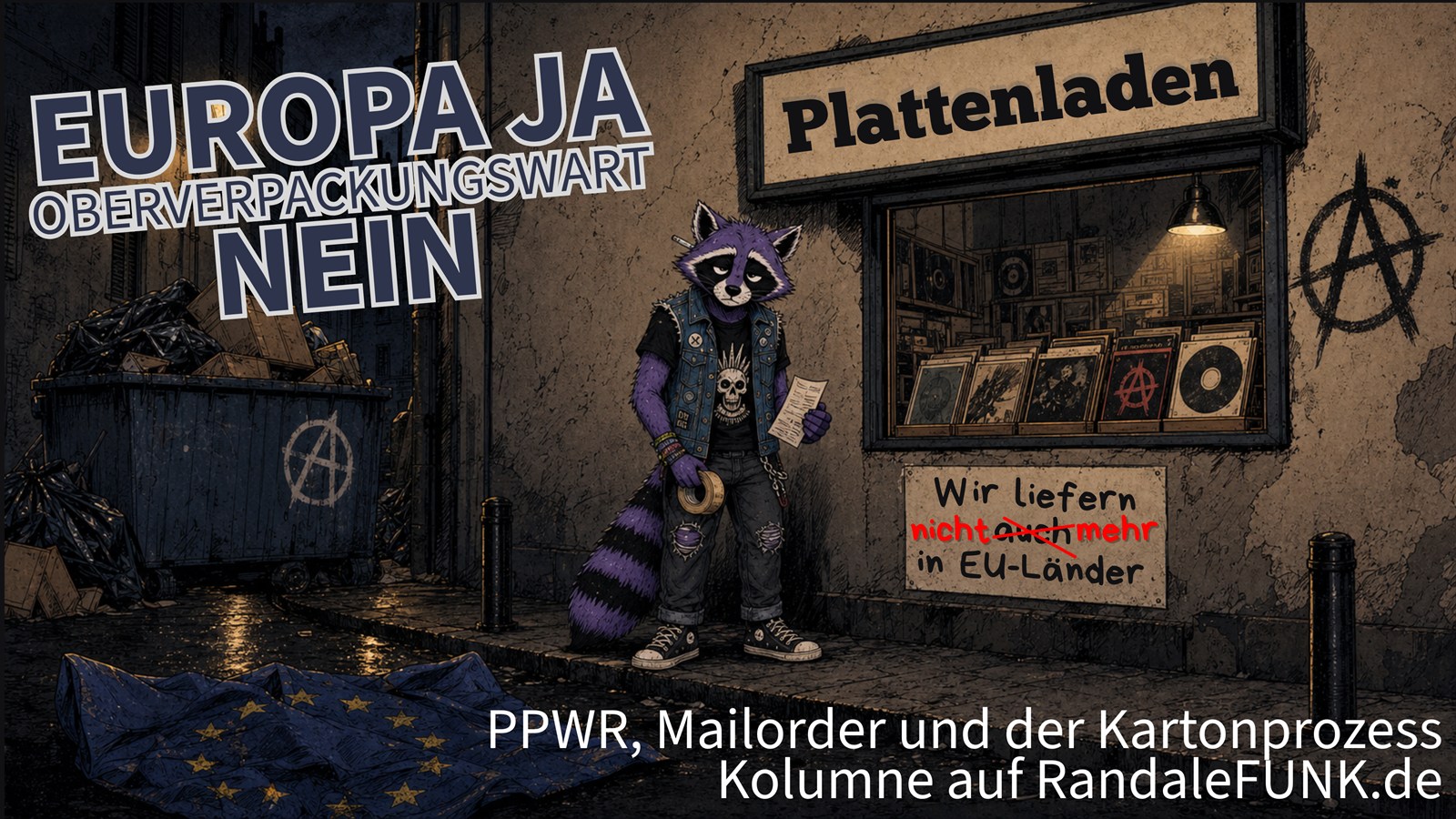 Randalf vor einem kleinen Plattenladen, daneben eine zerknitterte EU-Flagge und ein geänderter Lieferhinweis