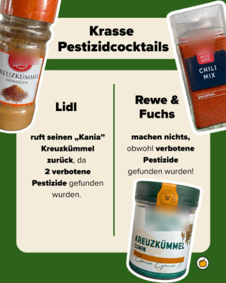 Screenshot eines Foodwatch-Beitrags zu Pestizidcocktails mit anonymisierten Markennamen auf den Gewürzbehältern