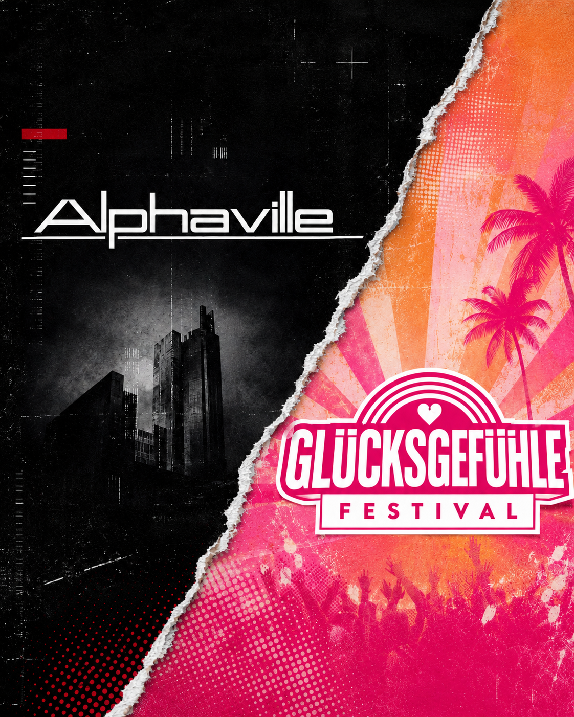 Geteiltes Kolumnenmotiv: links Alphaville vor dunkler Stadtkulisse, rechts das Glücksgefühle Festival vor bunten Palmen; dazwischen eine gerissene Papierkante.