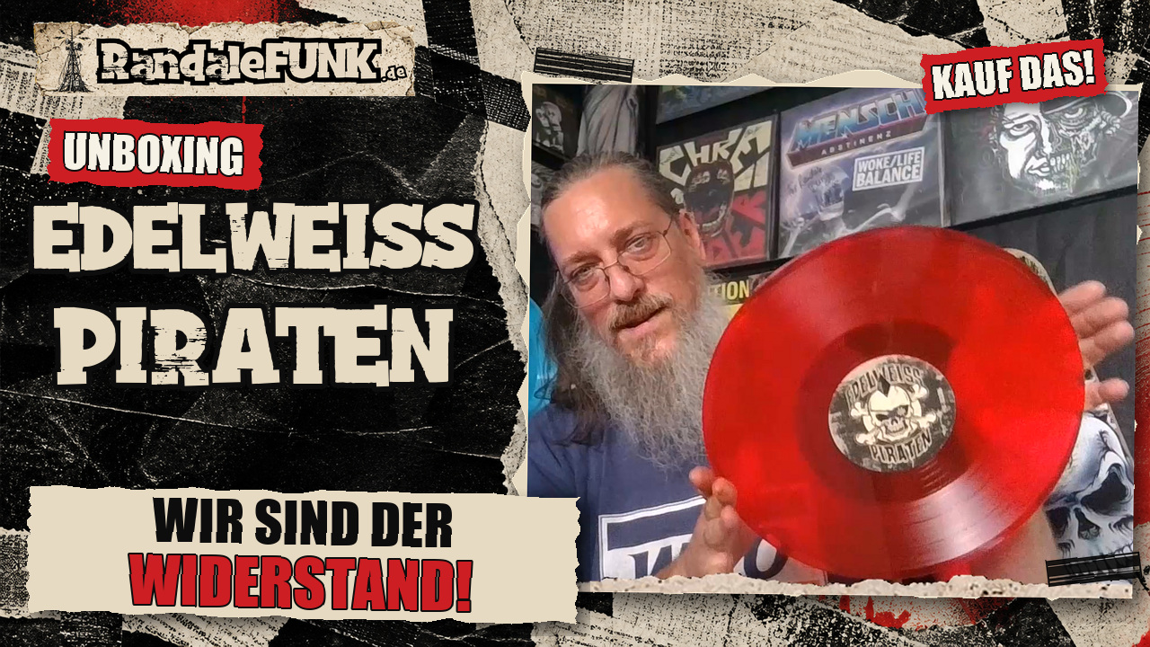 RandaleFUNK-Unboxing mit Burg, einer roten Schallplatte der Edelweisspiraten und dem Text Kauf das