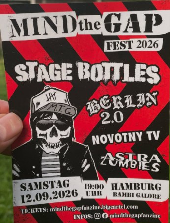 Flyer zum Mind The Gap Fest 2026 mit Stage Bottles, Berlin 2.0, Novotny TV und Astra Zombies