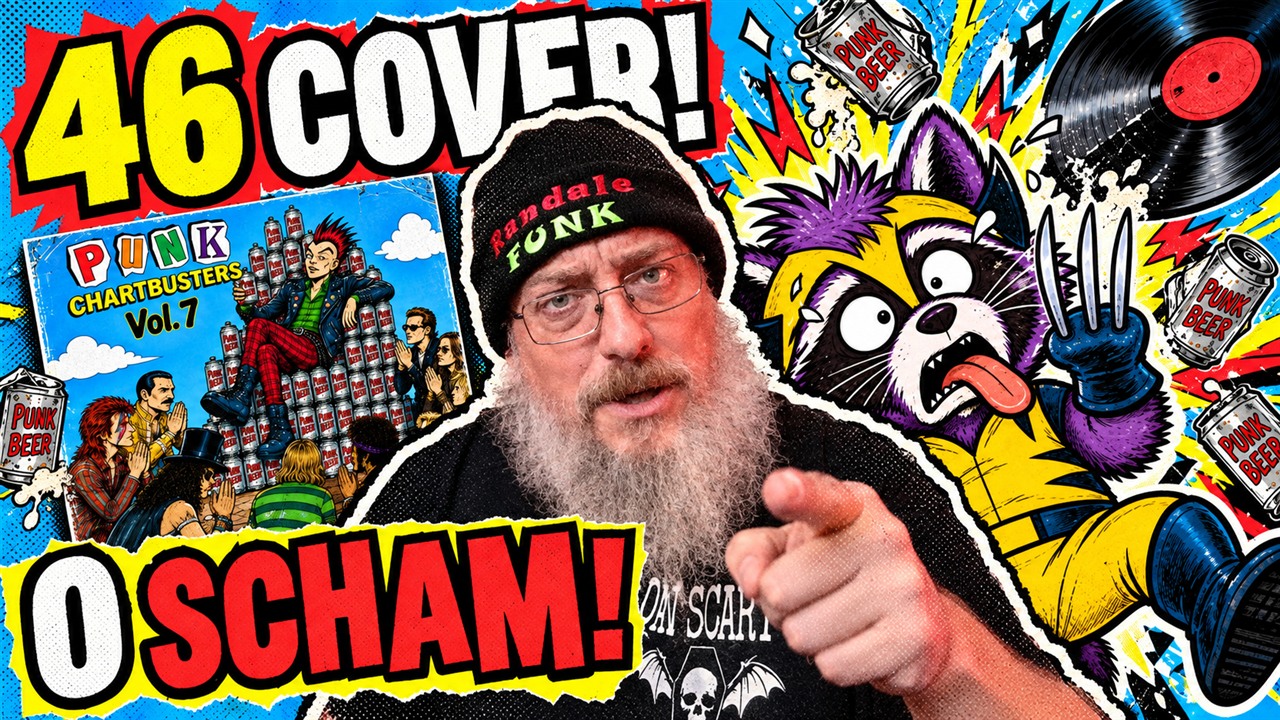 Burg zeigt auf die Kamera, daneben Randalf als Wolverine und das Cover von Punk Chartbusters Vol. 7 mit dem Text 46 Cover, 0 Scham