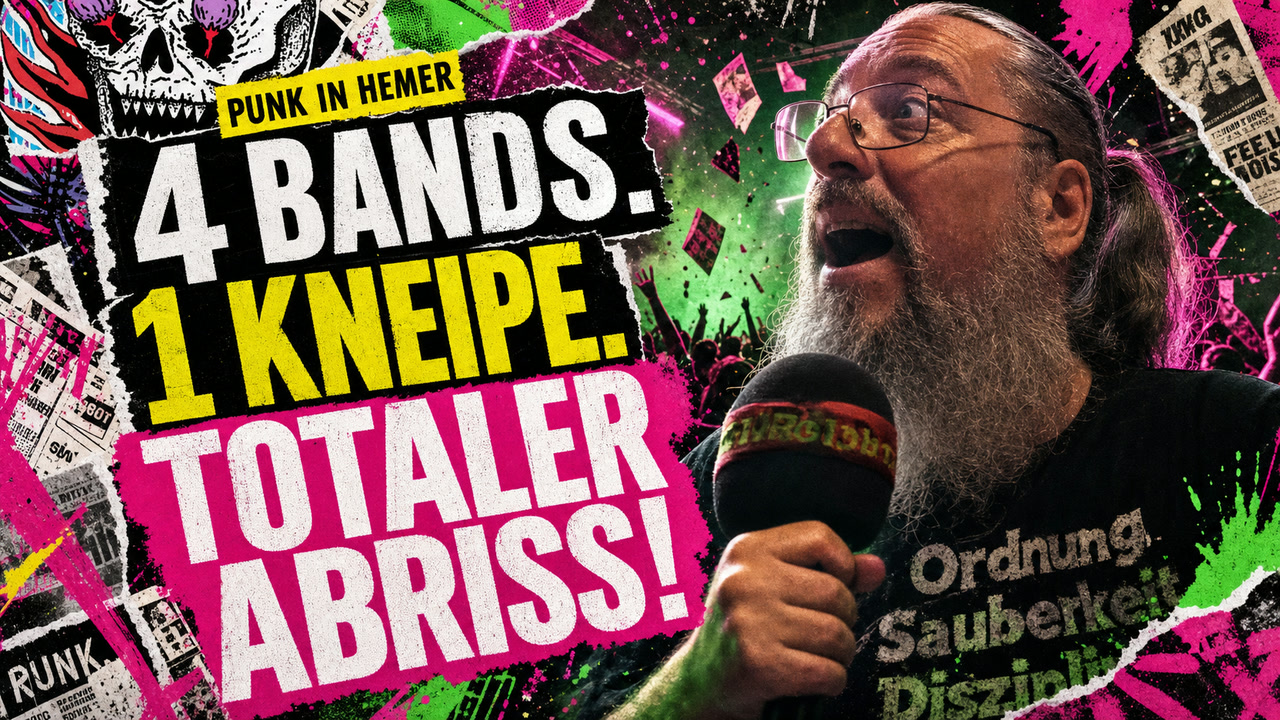 RandaleFUNK-Thumbnail zur VOR-ORT-Folge im Lokvogel mit Burg am Mikrofon und dem Text 4 Bands, 1 Kneipe, totaler Abriss