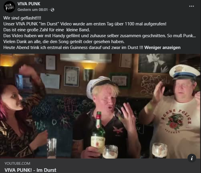 Facebook-Beitrag von VIVA PUNK! zum Video Im Durst