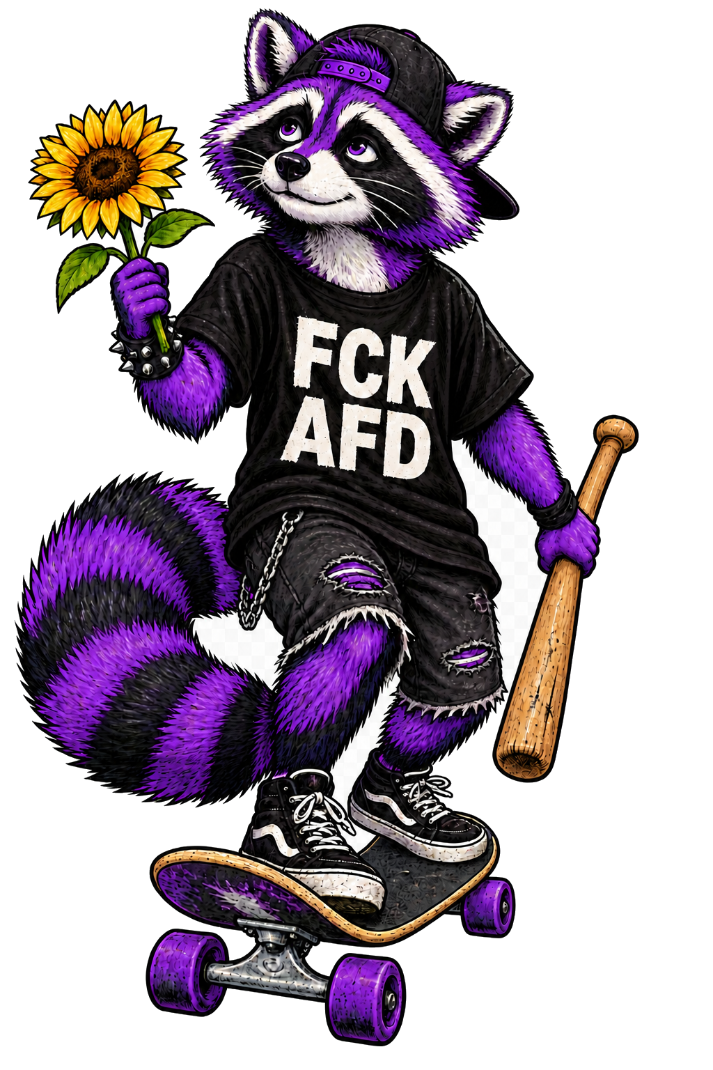 Randalf fährt Skateboard, trägt ein FCK-AfD-Shirt und hält Sonnenblume und Baseballschläger