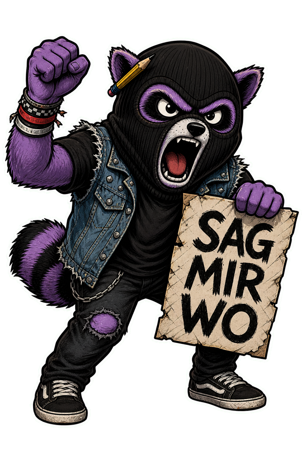 Vermummter Randalf mit erhobener Faust und Sag-mir-wo-Schild